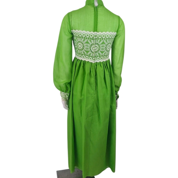 Vintage 70s Crochet Trimmed Maxi Peasant Dress Green Chiffon Overlay Womens S - Picture 9 of 14